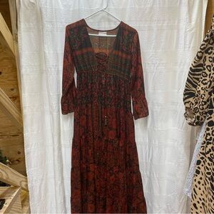 Elegant Long Sleeve Floral Dress - Burgundy bohemian